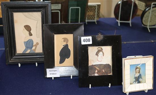 Two 19th/early 20th century portrait miniatures on ivory and two Regency portrait miniatures watercolours on paper (4) largest 14 x 9cm